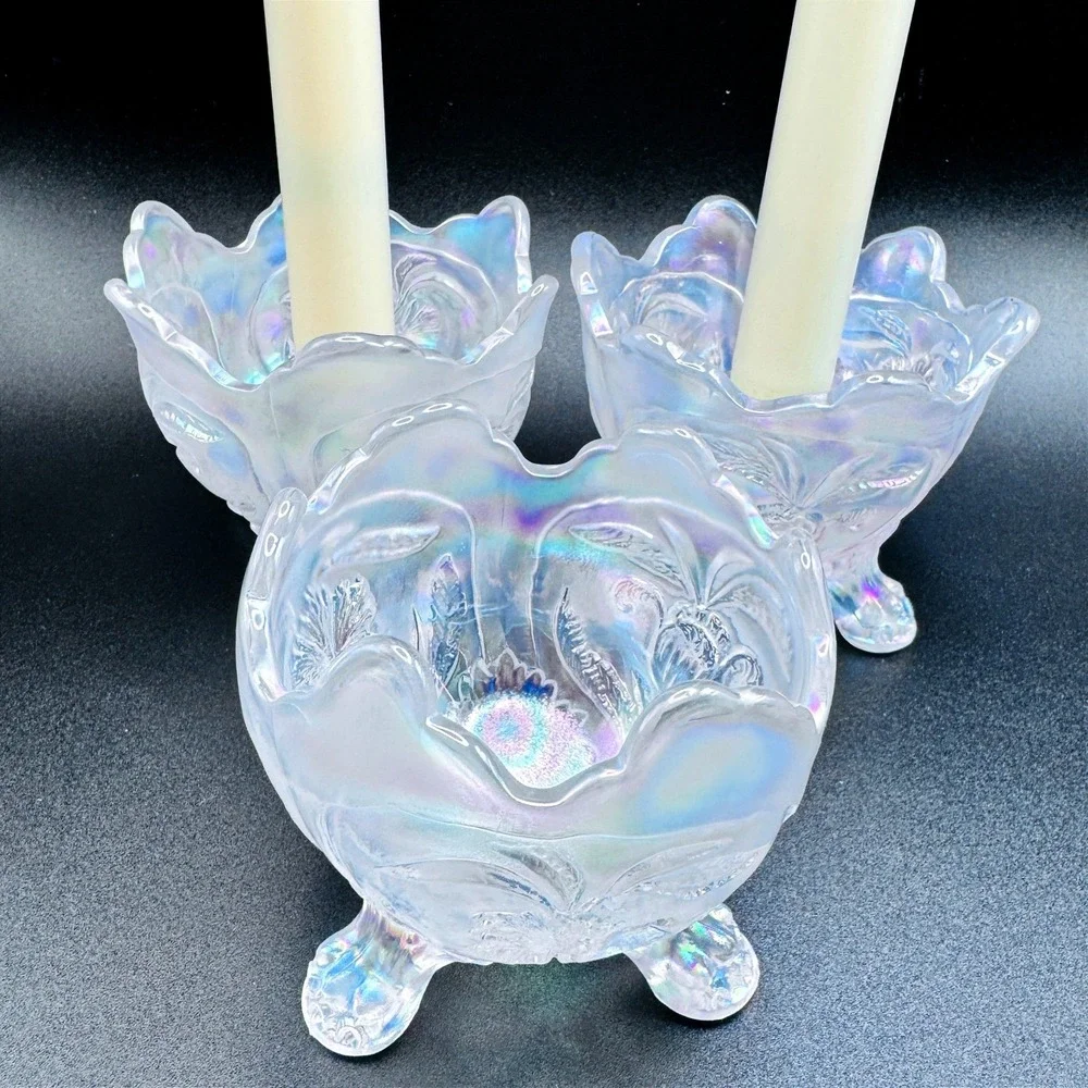Imperial Iridescent White Carnival Glass Vtg. Floral Candle Console Set 3 Footed